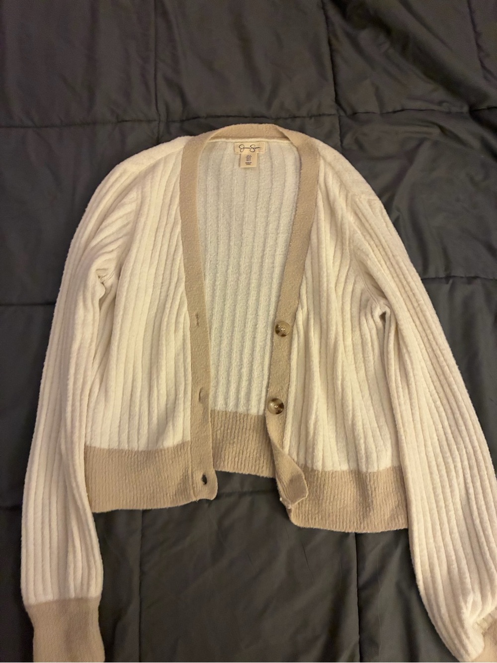Jessica Simpson Cream and Tan Ribbed Button-Front Cardigan